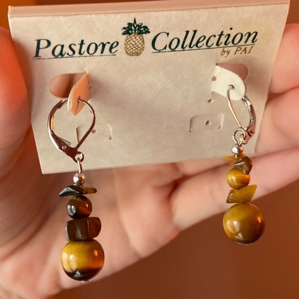 Tigers Eye Cats Eye Dangle Earrings - Picture 6 of 8